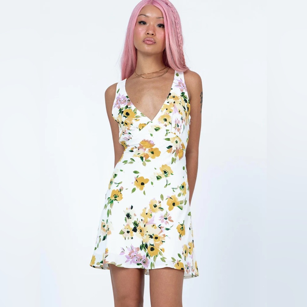 Princess Polly Nellie Mini Dress White Floral with Yellow & Pink Flowers